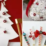 Idee per Natale fai da te: albero di Natale bianco con palline rosse, palla decorata con bottoni e mollette natalizie.