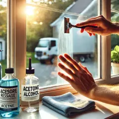 Come togliere la colla secca dal vetro con acetone e alcool. Un raschietto pulisce il vetro mentre una mano lo tiene fermo.