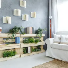 Pareti con bancali che ospitano piante verdi e libri, creando un angolo lettura naturale e accogliente.