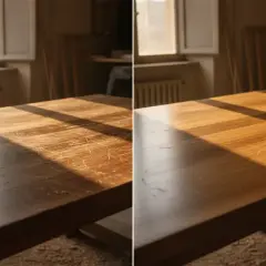 Prima e dopo: un tavolo in legno graffiato viene riportato a nuova vita. Uno scalpello e un panno arancione indicano il processo di restauro.