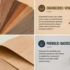 Il significato di impiallacciato: campioni di impiallacciatura naturale, ingegnerizzata, con supporto in carta e fenolica, mostrano diverse texture e colori del legno.