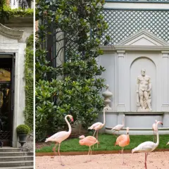 Ivy-covered villa entrance and a garden with flamingos and a statue.