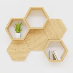 Scaffali esagonali in legno, perfetti per progetti fai da te facili. Contengono una pianta e alcuni libri.