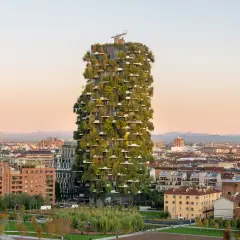 Il Bosco Verticale di Milano, un grattacielo ricoperto di alberi e piante, si staglia contro un cielo al tramonto, circondato da altri edifici della città.