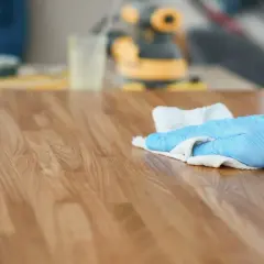Mano con guanto blu che pulisce un tavolo di legno con un panno, mentre si valuta se sia meglio olio di lino crudo o cotto per la finitura.