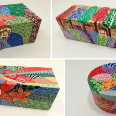 Scatole di legno decorate fai da te con motivi astratti e floreali colorati, un'esplosione di creatività.