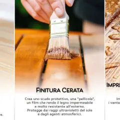 Pennello applica impregnante su legno grezzo, poi finitura cerata e infine legno protetto con gocce d'acqua. Illustra la differenza tra mordente e impregnante.