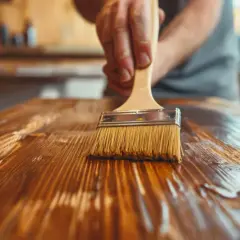 Mano applica cera ad acqua su legno. Attenzione, la cera ad acqua fa male se non usata correttamente.