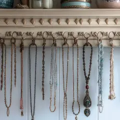 Un porta gioielli fai da te, con tante collane appese, crea un'esplosione di colori e forme.