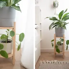 Rialzi per vasi piante fai da te in legno chiaro, con due piante su diversi livelli, per un tocco verde in casa.