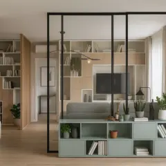 Soggiorno moderno con libreria a giorno e divano grigio, in un elegante stile minimal.