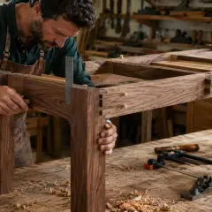 Falegname esperto che assembla un tavolo con assi di legno, creando giunzioni precise.