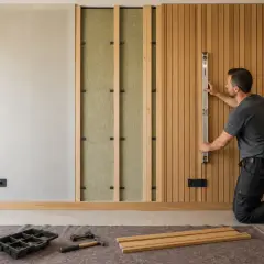 Uomo al lavoro per creare una parete in legno fai da te, usa una livella per posizionare le doghe di legno.