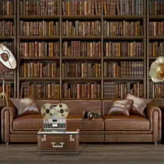 Un salotto in stile dark academia con divano in pelle, libreria imponente e oggetti vintage come un giradischi e un registratore a bobine.