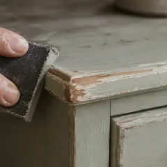 Mano che carteggia un mobile, creando un effetto invecchiato. Il decapè significato è proprio questo: dare un aspetto vissuto e autentico.