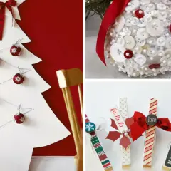 Idee per Natale fai da te: albero di Natale bianco con palline rosse, palla decorata con bottoni e mollette natalizie.