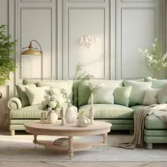 Soggiorno luminoso con divano verde menta, tavolino in legno chiaro e decorazioni che richiamano lo stile **mobili shabby chic fai da te**.
