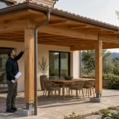 Un uomo valuta la sua **tettoia fai da te**, una struttura in legno che copre un patio con tavolo e sedie, immersa nel verde.