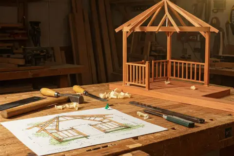 Un progetto di gazebo in legno fai da te, con schizzi, attrezzi e un modello in miniatura su un banco da falegname.
