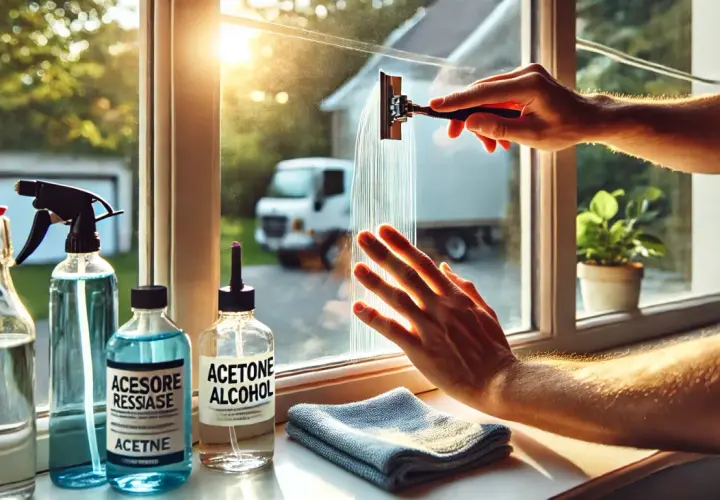 Come togliere la colla secca dal vetro con acetone e alcool. Un raschietto pulisce il vetro mentre una mano lo tiene fermo.