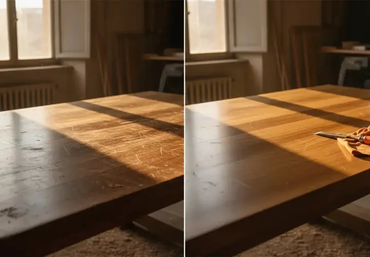 Prima e dopo: un tavolo in legno graffiato viene riportato a nuova vita. Uno scalpello e un panno arancione indicano il processo di restauro.
