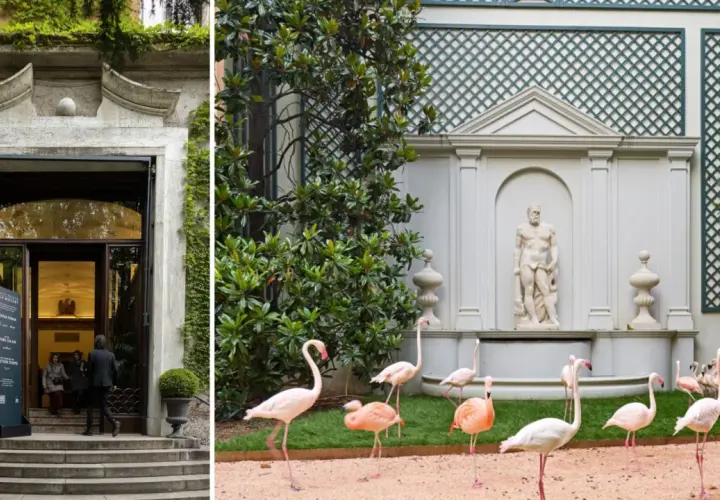 Ivy-covered villa entrance and a garden with flamingos and a statue.