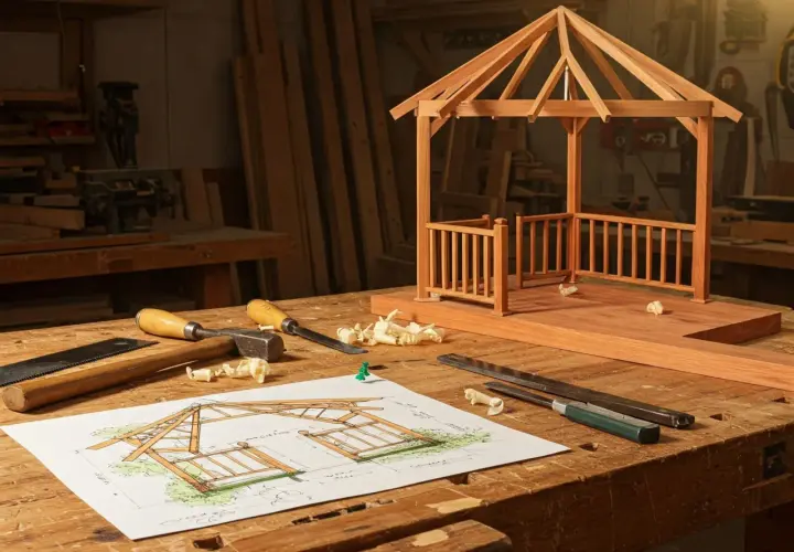 Un progetto di gazebo in legno fai da te, con schizzi, attrezzi e un modello in miniatura su un banco da falegname.