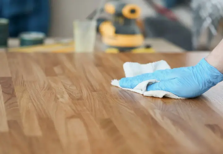 Mano con guanto blu che pulisce un tavolo di legno con un panno, mentre si valuta se sia meglio olio di lino crudo o cotto per la finitura.