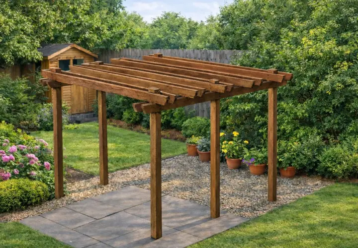 Un angolo di giardino con una pergola fai da te in legno, circondata da fiori rosa e verdi cespugli.