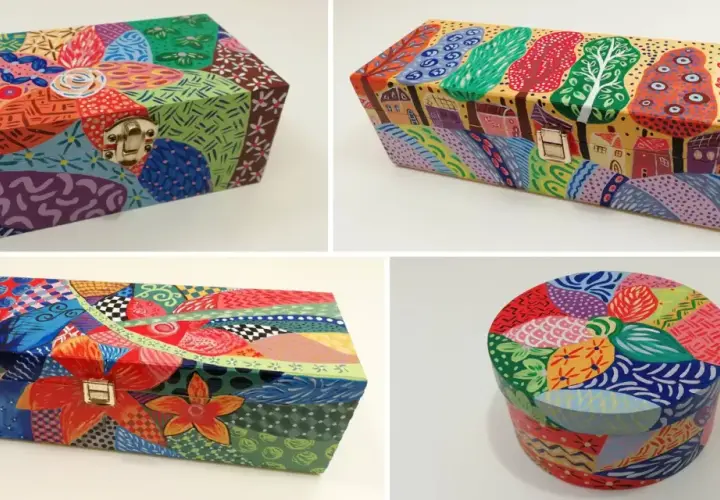 Scatole di legno decorate fai da te con motivi astratti e floreali colorati, un'esplosione di creatività.