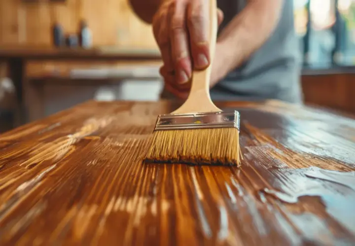 Mano applica cera ad acqua su legno. Attenzione, la cera ad acqua fa male se non usata correttamente.