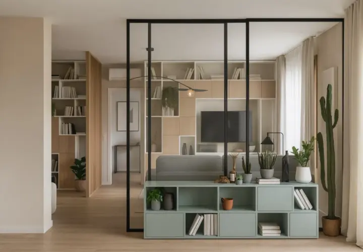 Soggiorno moderno con libreria a giorno e divano grigio, in un elegante stile minimal.