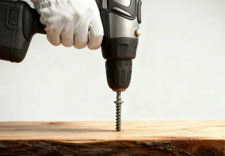 Mano guantata usa un trapano per avvitare una vite nel legno, mostrando come nascondere le viti nel legno per una finitura pulita.