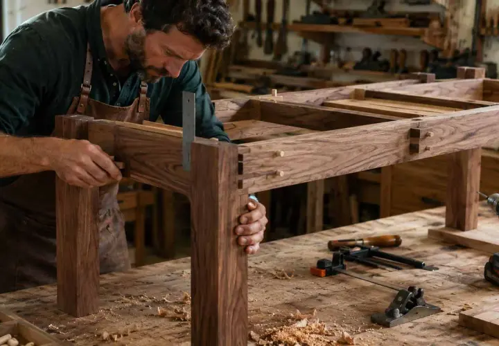 Falegname esperto che assembla un tavolo con assi di legno, creando giunzioni precise.