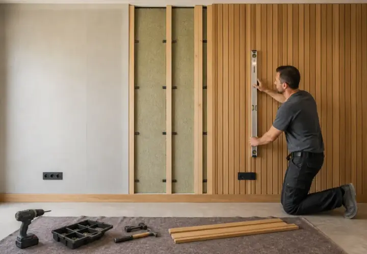 Uomo al lavoro per creare una parete in legno fai da te, usa una livella per posizionare le doghe di legno.
