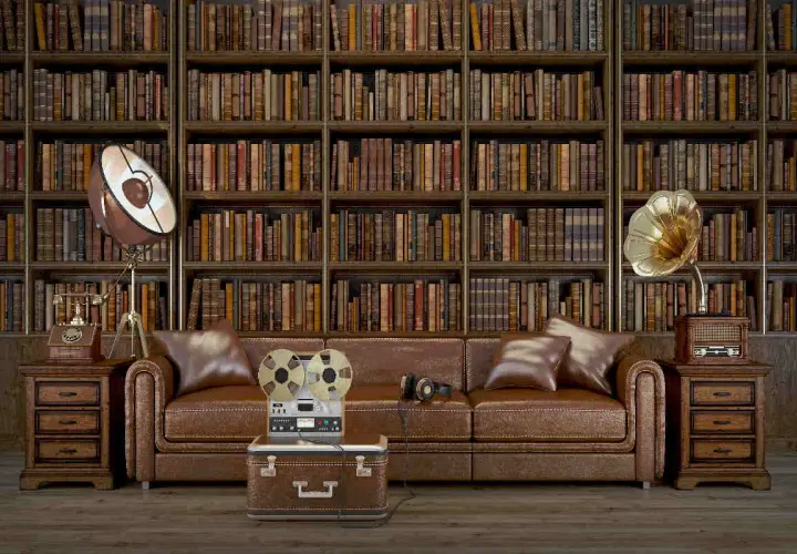Un salotto in stile dark academia con divano in pelle, libreria imponente e oggetti vintage come un giradischi e un registratore a bobine.