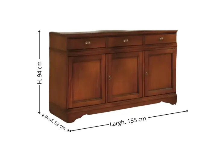 Credenza fai da te in legno scuro, con tre ante e tre cassetti, misure 155x94x52 cm.