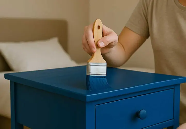 Mano che dipinge un mobile blu con un pennello, mostrando come laccare un mobile per un nuovo look.