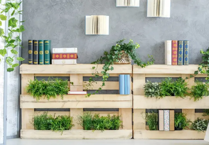Scaffali in pallet con piante e libri, un'idea di bricolage per un angolo verde e letterario.