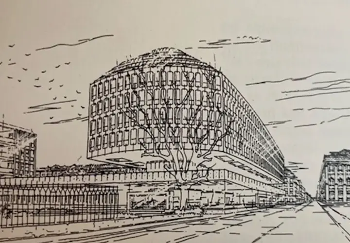 Disegno di un edificio moderno con facciata a griglia e tetto curvo, un albero stilizzato in primo piano. Un'opera che evoca lo stile di Carlo Mollino.