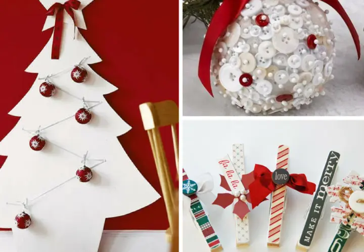 Idee per Natale fai da te: albero di Natale bianco con palline rosse, palla decorata con bottoni e mollette natalizie.