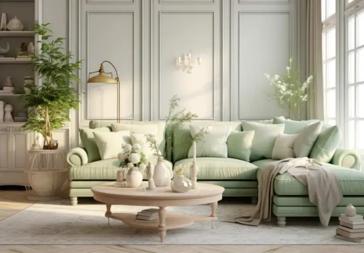 Soggiorno luminoso con divano verde menta, tavolino in legno chiaro e decorazioni che richiamano lo stile **mobili shabby chic fai da te**.