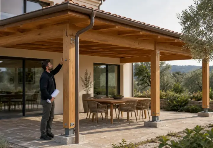 Un uomo valuta la sua **tettoia fai da te**, una struttura in legno che copre un patio con tavolo e sedie, immersa nel verde.
