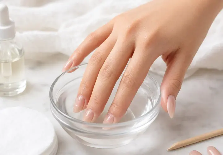 Mano con unghie immerse in una ciotola d'acqua, per rimuovere la colla per unghie dal tavolo.