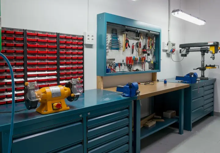 Un'officina ben organizzata con morsa, trapano a colonna, mola e tanti cassetti per idee officina fai da te.