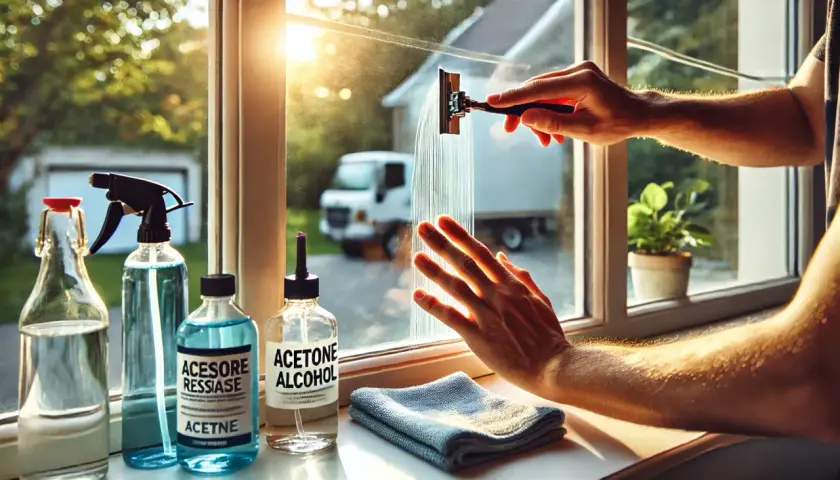 Come togliere la colla secca dal vetro con acetone e alcool. Un raschietto pulisce il vetro mentre una mano lo tiene fermo.