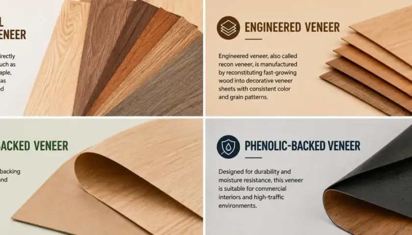 Il significato di impiallacciato: campioni di impiallacciatura naturale, ingegnerizzata, con supporto in carta e fenolica, mostrano diverse texture e colori del legno.