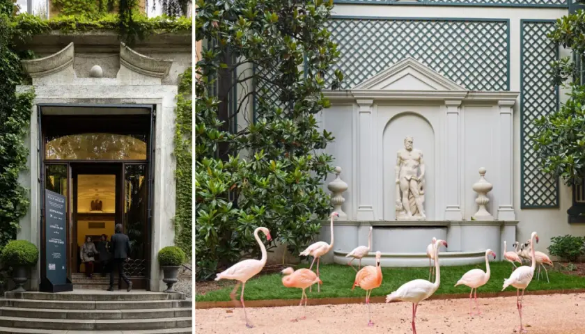 Ivy-covered villa entrance and a garden with flamingos and a statue.