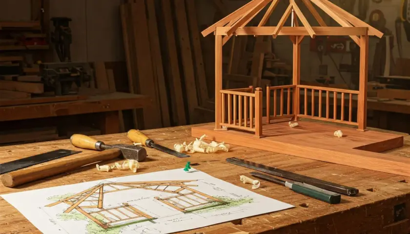 Un progetto di gazebo in legno fai da te, con schizzi, attrezzi e un modello in miniatura su un banco da falegname.
