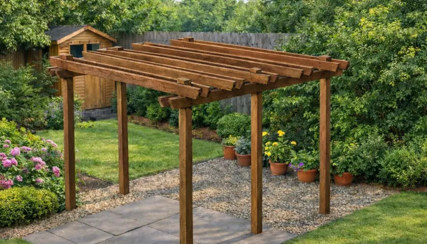 Un angolo di giardino con una pergola fai da te in legno, circondata da fiori rosa e verdi cespugli.